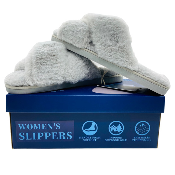 Women's Sz 11/12 XL Gray Omine Soft Plush Cozy Memory Non Slip Foam Slippers - Picture 3 of 6